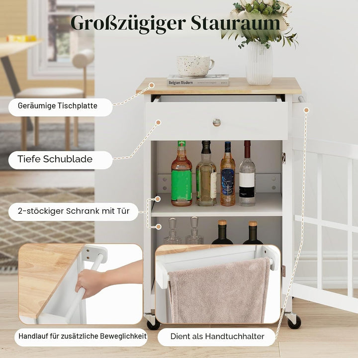 KOMFOTTEU Küchenwagen mit Rollen, Servierwagen mit Schublade, Glastür, Handtuchhalter, Gummiholzplat