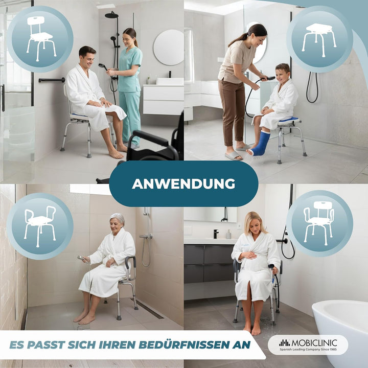 Mobiclinic®, 360° Drehbarer Duschstuhl, Armlehnen und Rückenlehne, Höhenverstellbar, Sitzfläche mit