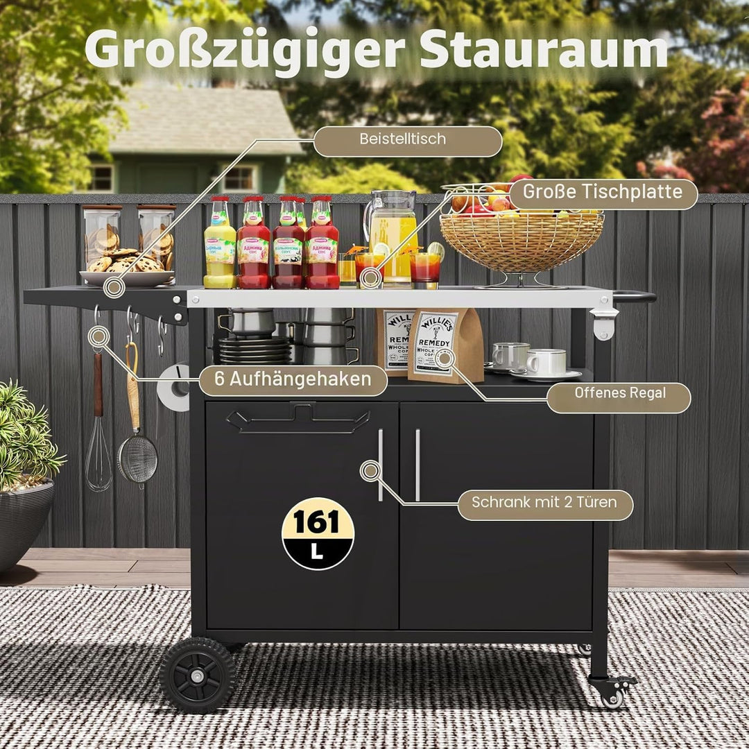 KOMFOTTEU Grillwagen mit Arbeitsplatte aus Edelstahl, Servierwagen mit klappbarer Tischplatte, Grill