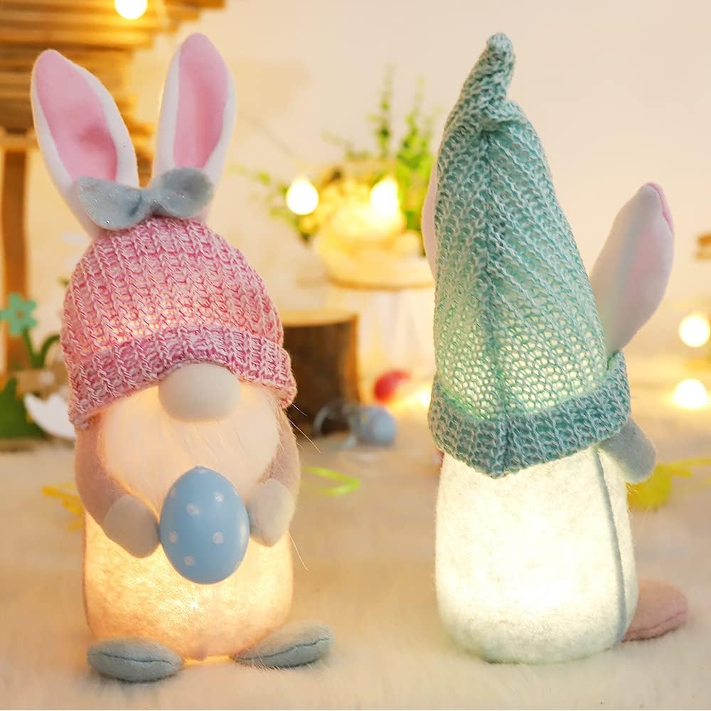 Osterdeko Wichtel Figuren Kleine, Beleuchteter Wichtel Ostern Mit Led, Osterwichtel Hase Rosa Mit Ei