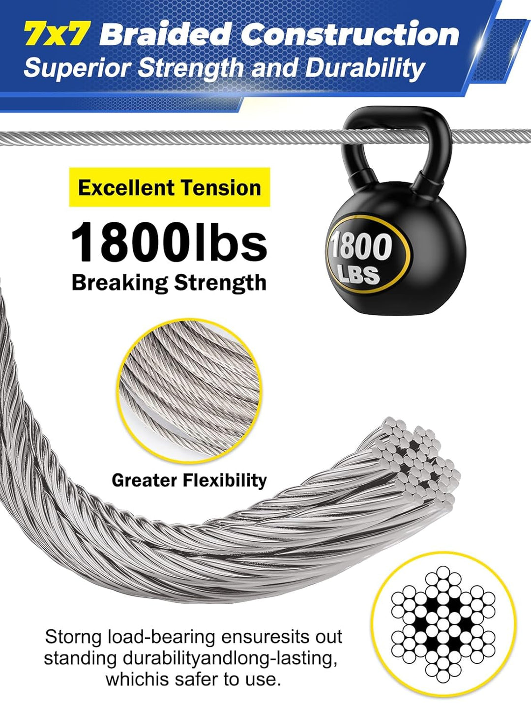 TooTaci Edelstahlseil 3mm Set,60M/3mm Drahtseil Edelstahl,Stahlseil mit Ösen,10 Stück M5 Seilspanner