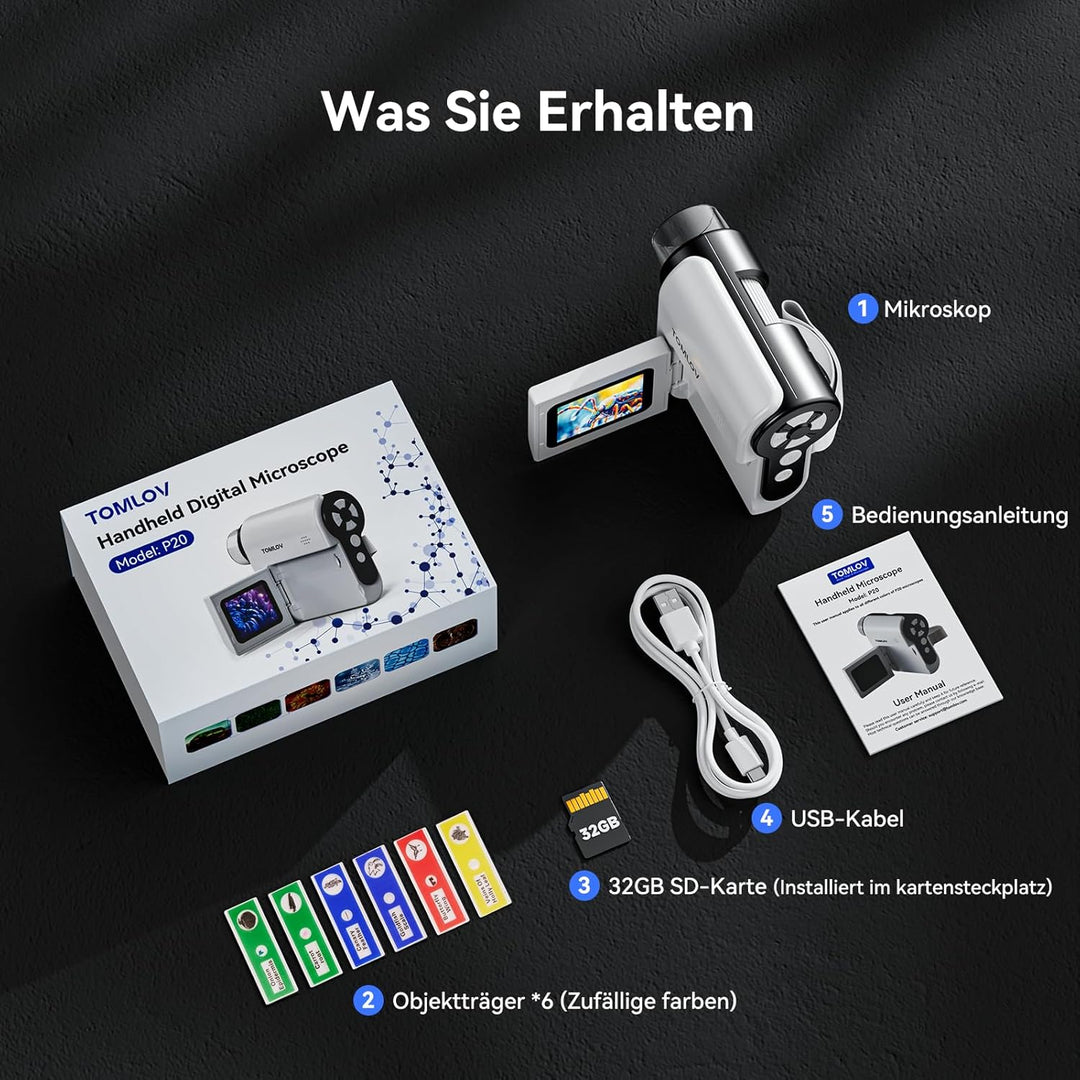 TOMLOV P20 Handheld Digital Mikroskop für Kinder, Mehrere Taschenmikroskop, Tragbare 1080P DV-Kamera