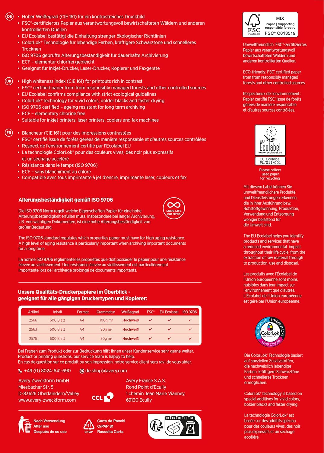 AVERY Zweckform 2575 Drucker-/Kopierpapier (2.500 Blatt, 80 g/m², DIN A4 Papier, für alle Drucker) 1