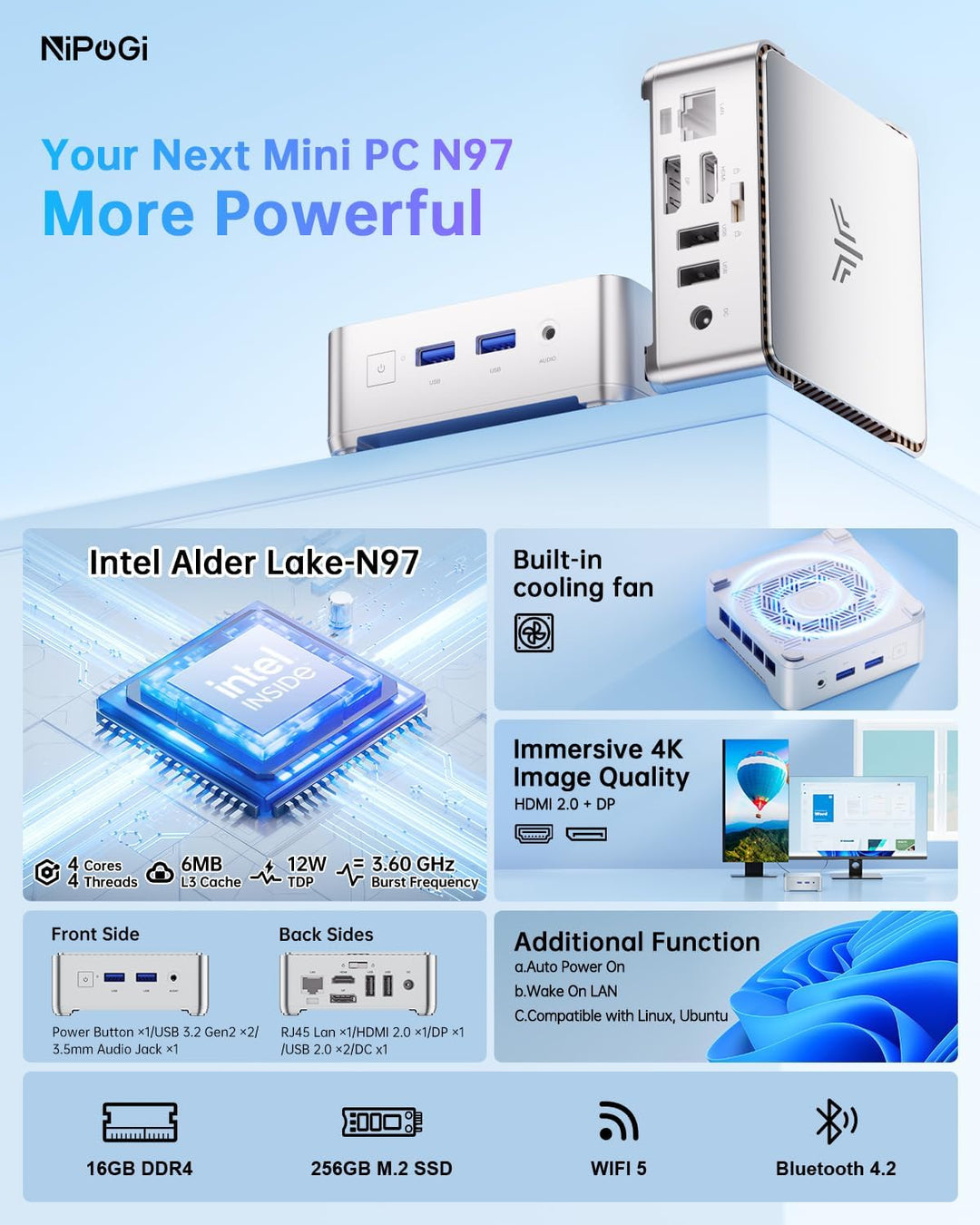 NiPoGi GK3PLUS Mini PC Ιntel Alder Lake-Ν97(bis zu 3,6 GHz), 8GB DDR4 256GB M.2 SSD Mini Desktop Com