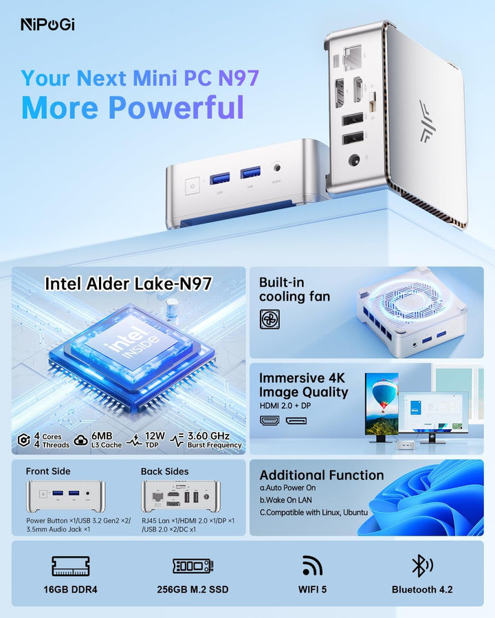 NiPoGi GK3PLUS Mini PC Ιntel Alder Lake-Ν97(bis zu 3,6 GHz), 8GB DDR4 256GB M.2 SSD Mini Desktop Com