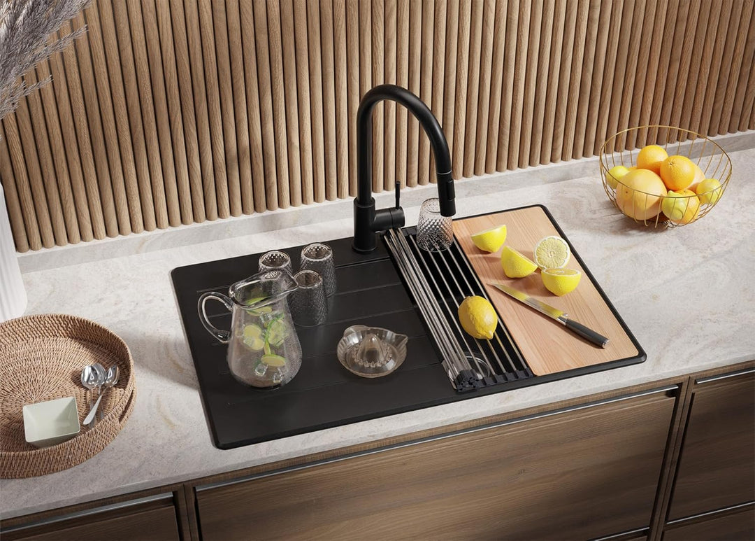 Granitspüle Schwarz 78x50 cm, Spülbecken + Ablauf-Set + Küchenarmatur 9050, Küchenspüle für 45er Unt