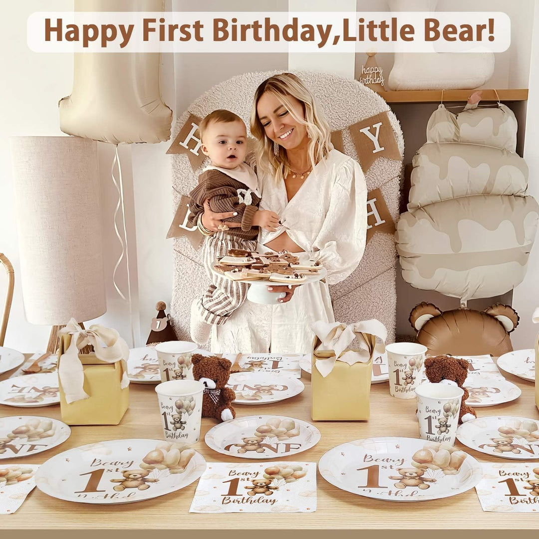 1. Geburtstag Junge Partygeschirr set für 25 Gäste, 100pcs Teddybär wiederverwendbare Pappteller für