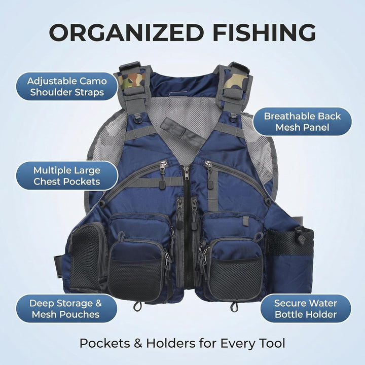 Kylebooker Fliegenfischen Weste Angelweste Einstellbare Grösse Maschen Multi-Taschen Jacke Einheitsg