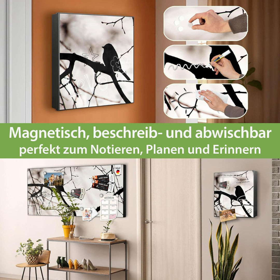 banjado® Grosser Schlüsselkasten Glas/Schlüsselbox 30cm x 30cm mit 50 Haken - Motiv Früher Vogel/Sch