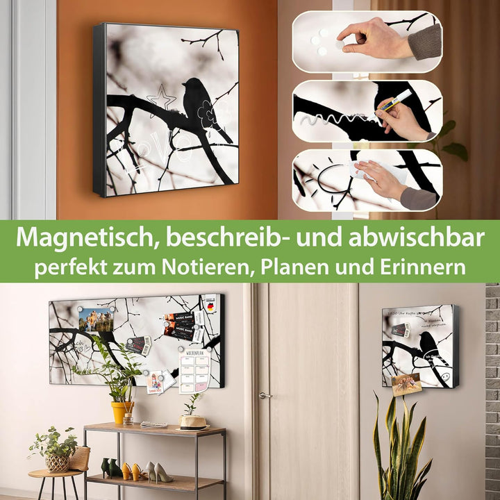 banjado® Grosser Schlüsselkasten Glas/Schlüsselbox 30cm x 30cm mit 50 Haken - Motiv Früher Vogel/Sch