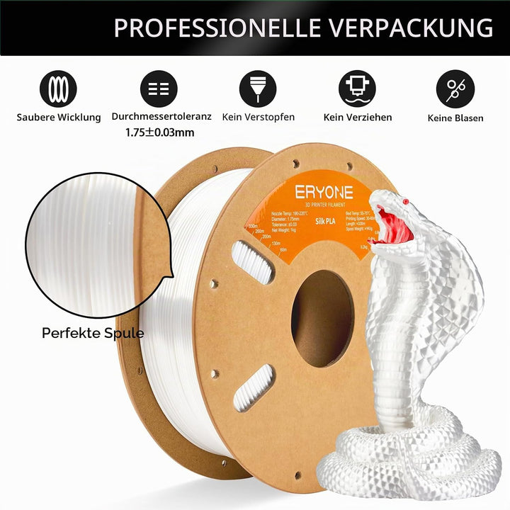 ERYONE Silk PLA Filament 1.75 mm, PLA Filament für 3D-Drucker, 0,03 mm, 1 kg/Spule, Weiss Silk PLA-W