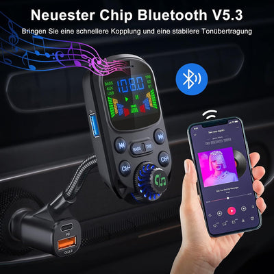 Bluetooth 5.3 FM Transmitter für Auto, SOARUN Bluetooth Adapter Auto QC3.0 & PD3.0 30W Dual USB Lade