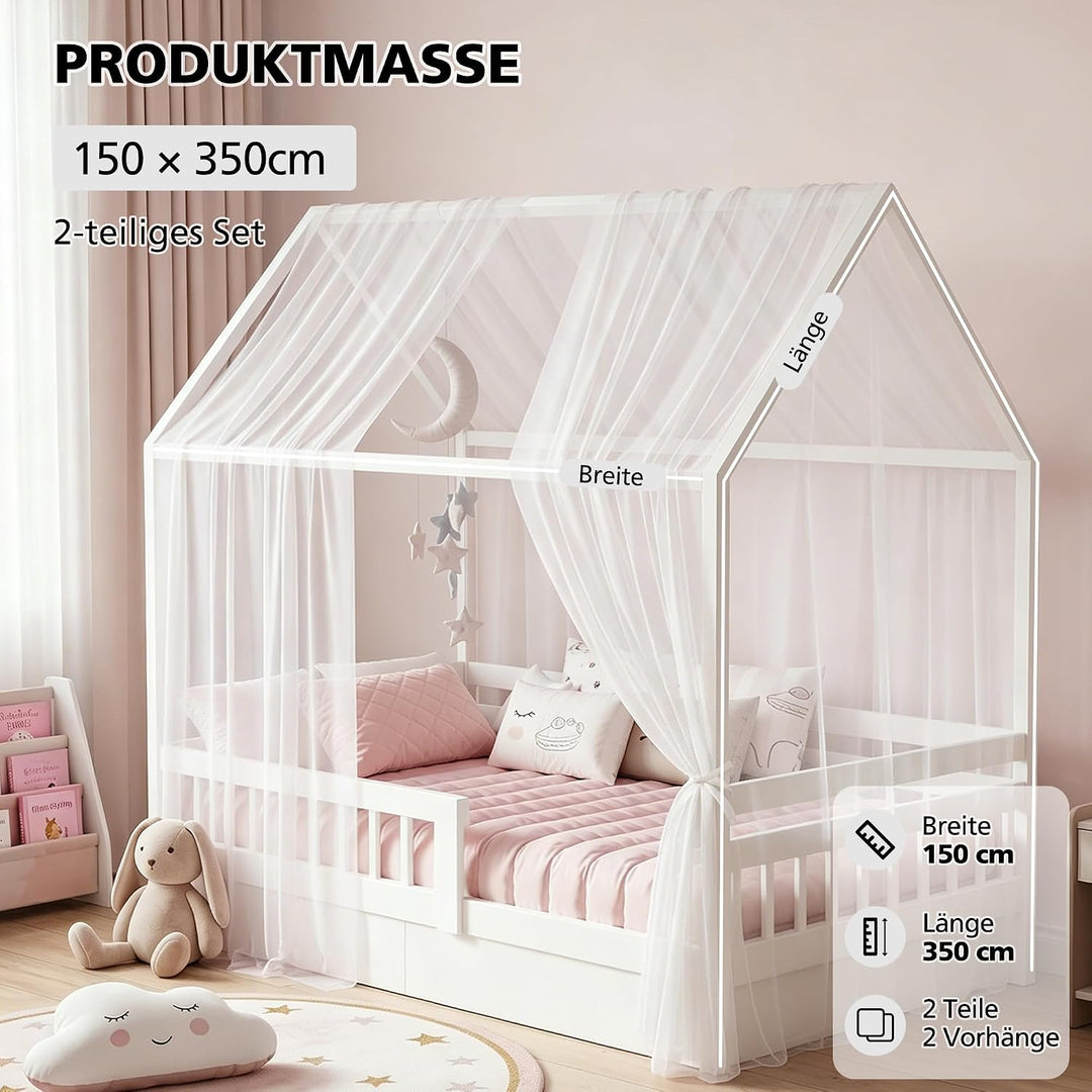 iLuane Kinderbett Baldachin Weiss mit 3 m Baumwoll-Wimpelgirlande, Hausbett Deko Set mit 2 Tüll Vorh