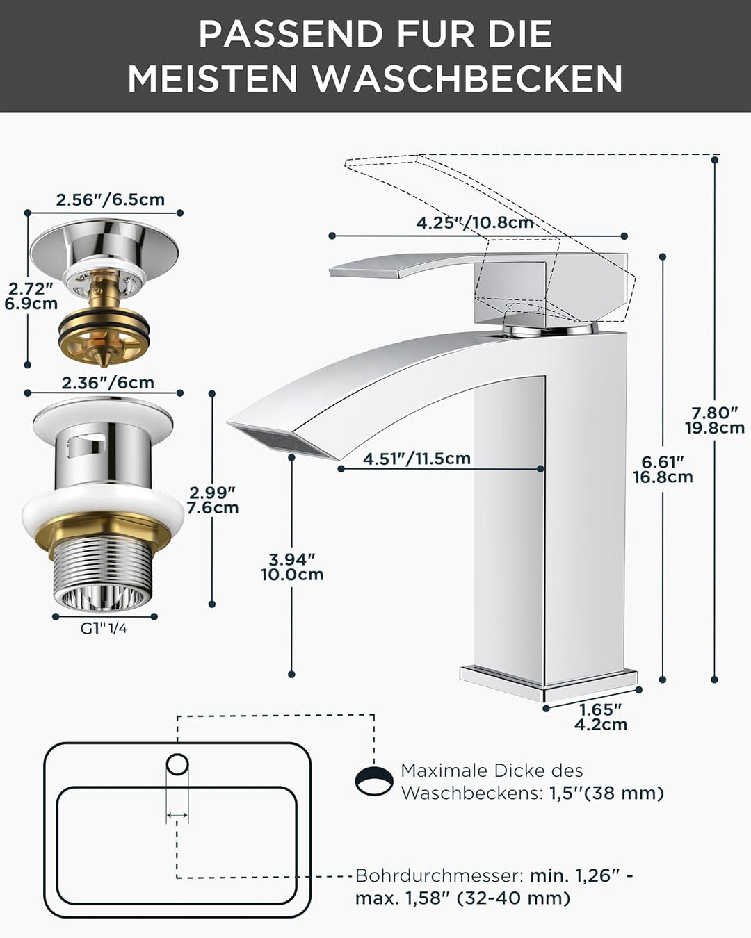 FORIOUS Wasserhahn Bad mit Ablaufgarnitur, Wasserfall Waschtischarmatur mit Auslauf Höhe 100 mm, Mis