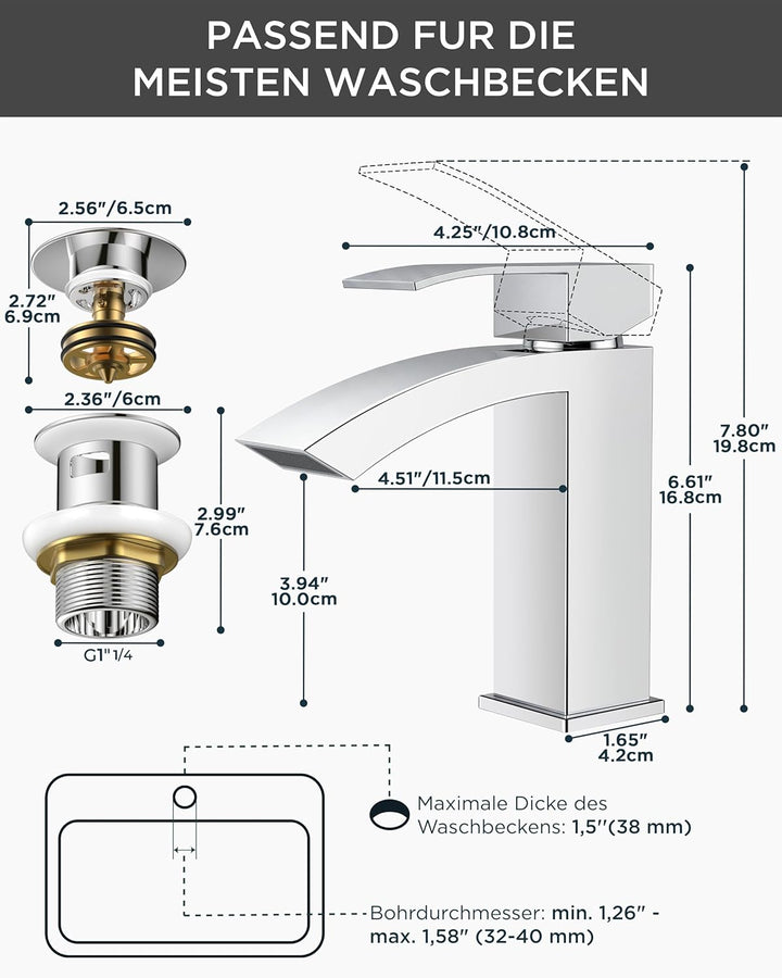 FORIOUS Wasserhahn Bad mit Ablaufgarnitur, Wasserfall Waschtischarmatur mit Auslauf Höhe 100 mm, Mis