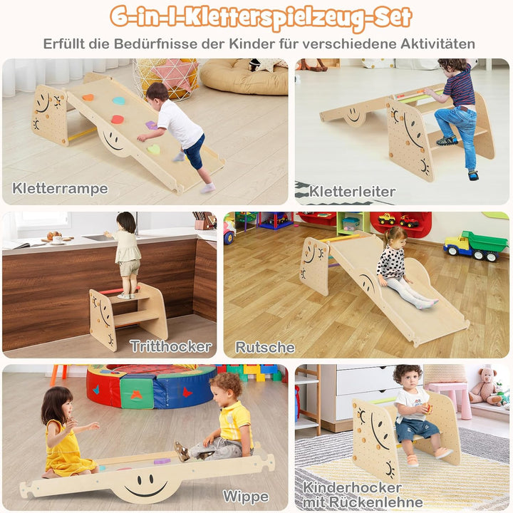 COSTWAY Kletterdreieck mit Rutsche, 6 in 1 Klettergerüst Indoor, inkl. höhenverstellbarem Tritthocke