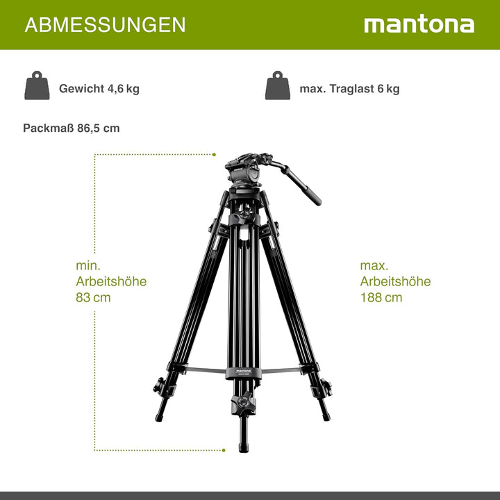Mantona Dolomit 1300 Videostativ, 188 cm (inkl. Fluid-Neiger mit Wasserwaage, Schnellwechselplatte,