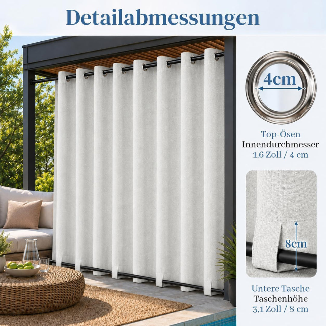 Rosnek Outdoor Vorhang Wetterfest Extra Breit B254 x H244 cm, 100% Blickdicht Winddicht mit Ösen Obe