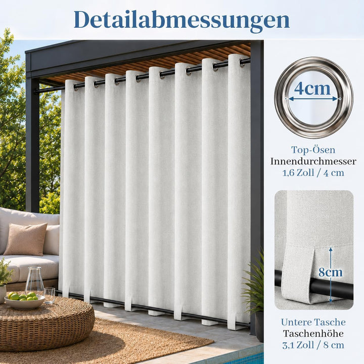 Rosnek Outdoor Vorhang Wetterfest Extra Breit B254 x H244 cm, 100% Blickdicht Winddicht mit Ösen Obe