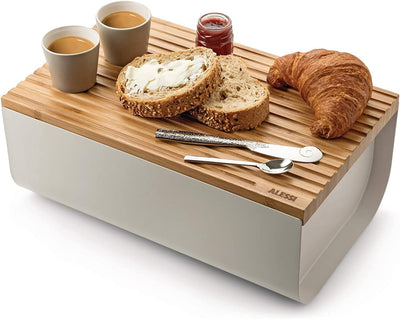 Alessi Mattina BG03 WG - Brotkasten aus Edelstahlstahl mit Epixidharz und Bambusholz, Warm Grey One