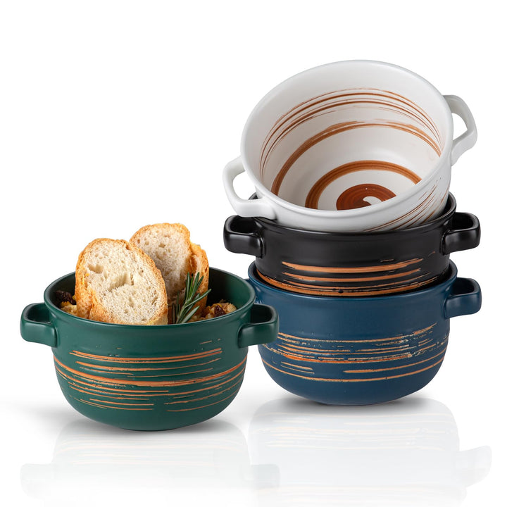 YUN TAO Keramik Suppenschalen mit Griffen (4er Set, 900ml) - Ofen-, Mikrowellen- & Spülmaschinenfest