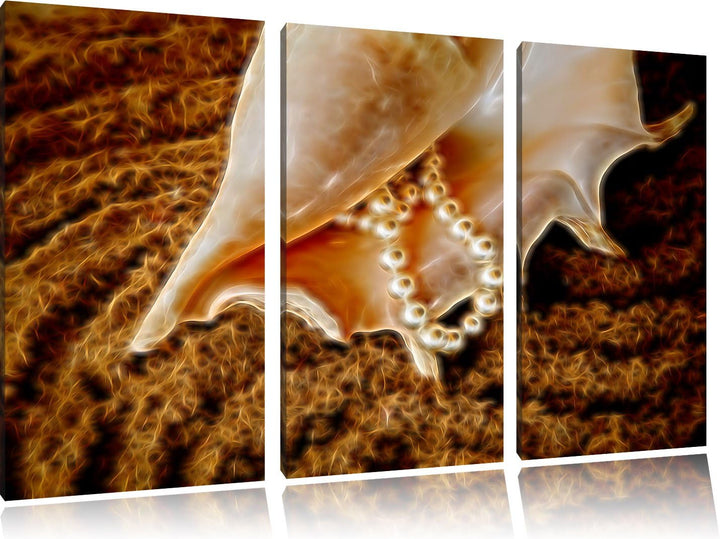 Pixxprint Muschel mit Perlen als Leinwandbild/Grösse: 3 Teilig (120x80) cm/Wandbild/Kunstdruck/ferti