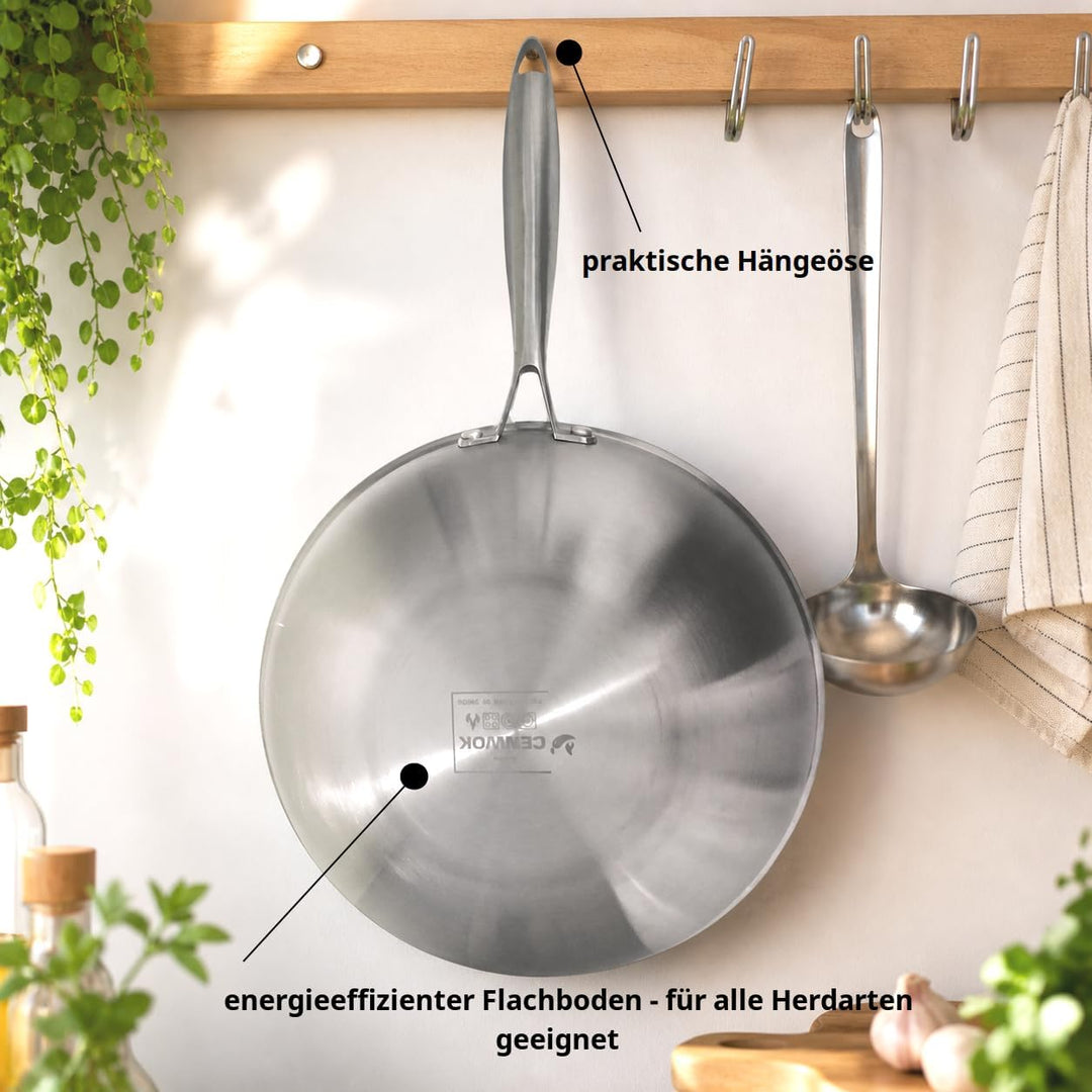 ⌀30 cm Wok Pfanne aus Edelstahl, unbeschichtet & langlebig, 3-lagiges Material für optimale Wärmever