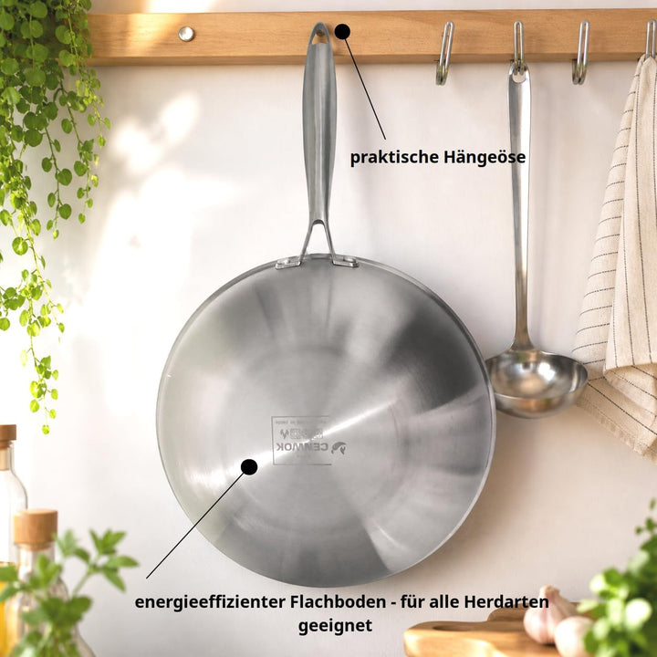⌀30 cm Wok Pfanne aus Edelstahl, unbeschichtet & langlebig, 3-lagiges Material für optimale Wärmever