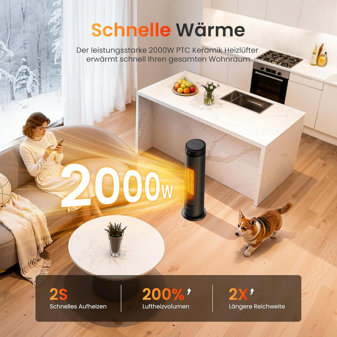 Heizlüfter Energiesparend, 2000W PTC Keramik Heizlüfter Leise, 60cm Elektroheizung mit Thermostat &