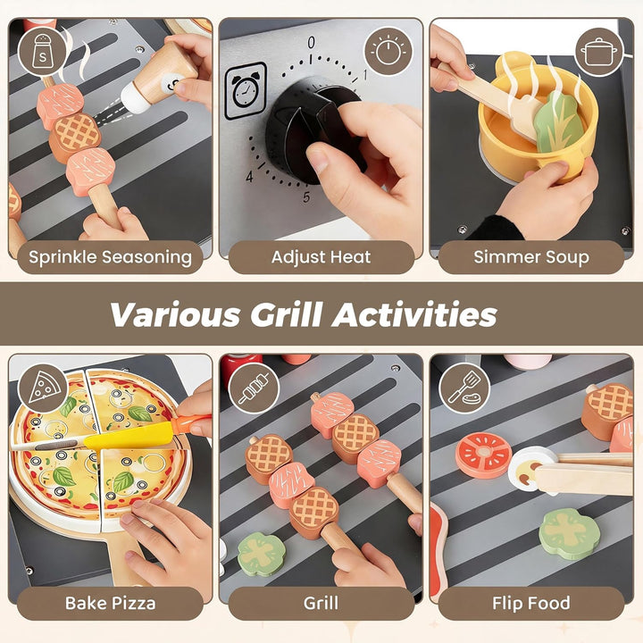 HOMASIS Kinder Grill Spielzeug aus Holz, BBQ Kindergrill-Spielset mit 2 Grillrosten, Verschlussdecke