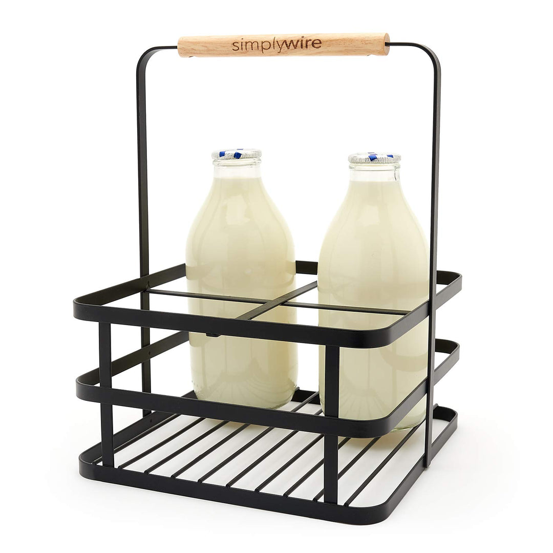 simplywire – Milchflaschenhalter im Retro-Look, 4 Stück – Weinflaschenträger – Schwarzer Flachdraht