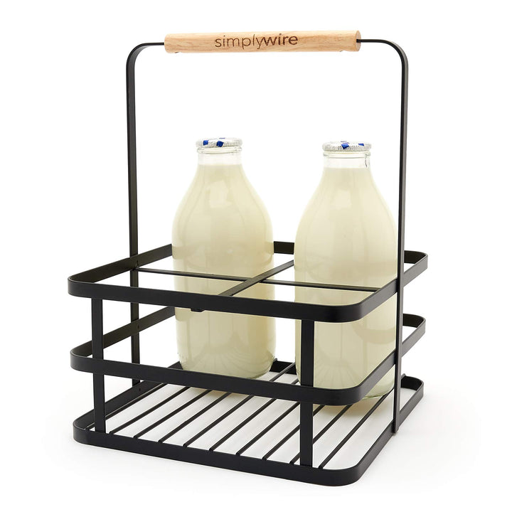 simplywire – Milchflaschenhalter im Retro-Look, 4 Stück – Weinflaschenträger – Schwarzer Flachdraht