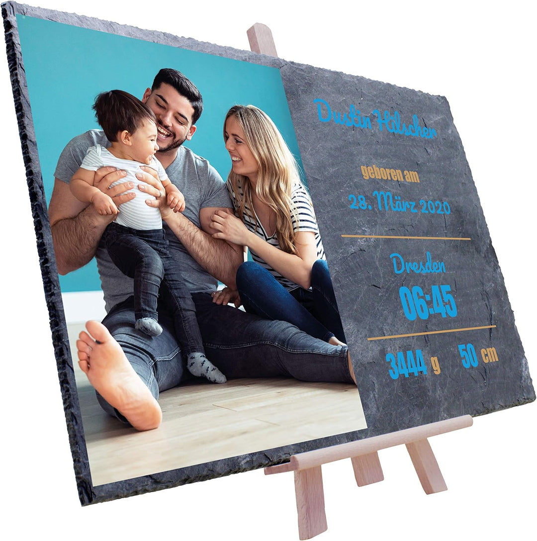 wandmotiv24 Schieferplatte mit eigenem Foto zur Geburt, 30 x 20 cm, inklusive Staffelei, Babyfoto, G