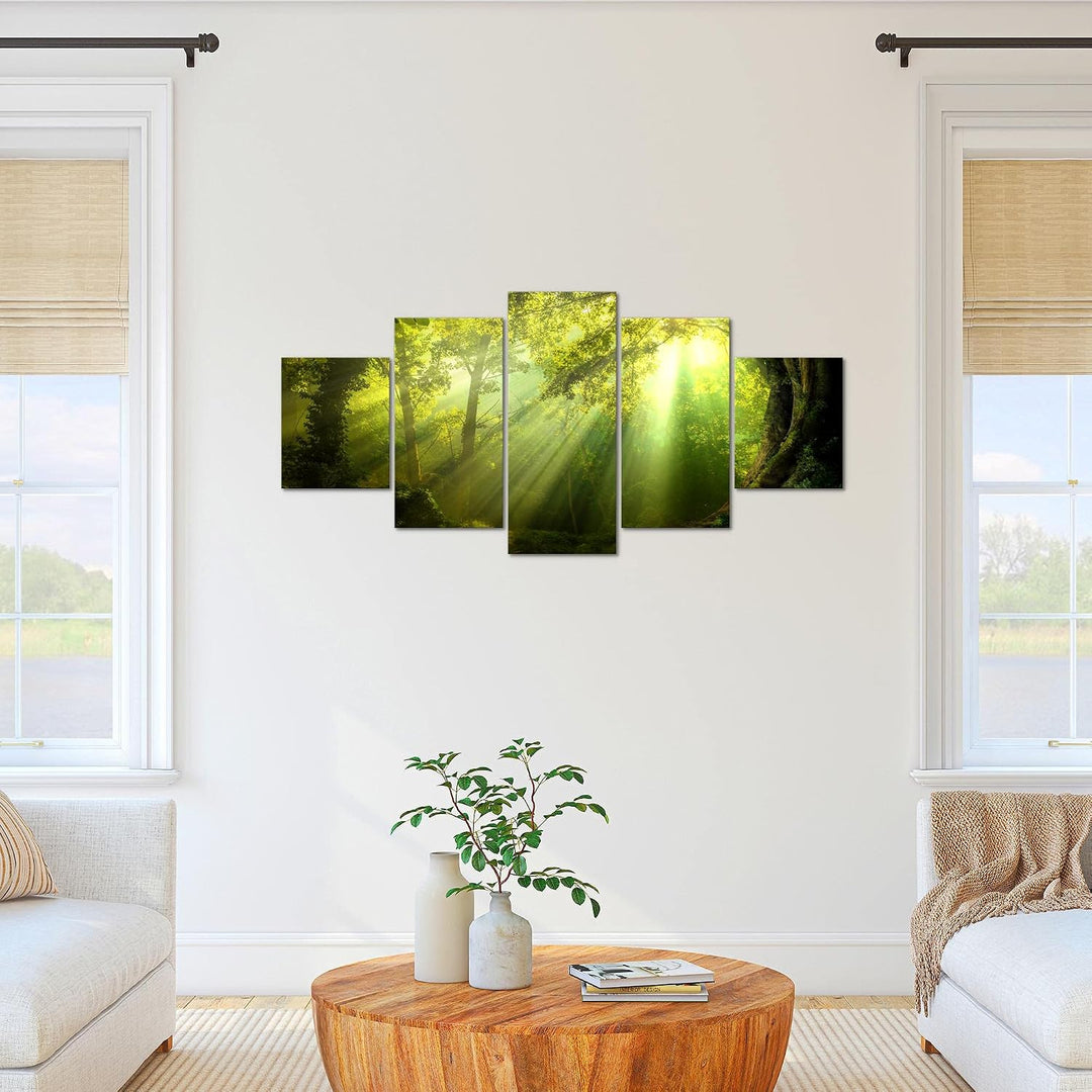 Runa Art Bild Schlafzimmer Wohnzimmer Wald Landschaft 5 Teilig Sonne Grün Wandbilder auf Vlies Leinw