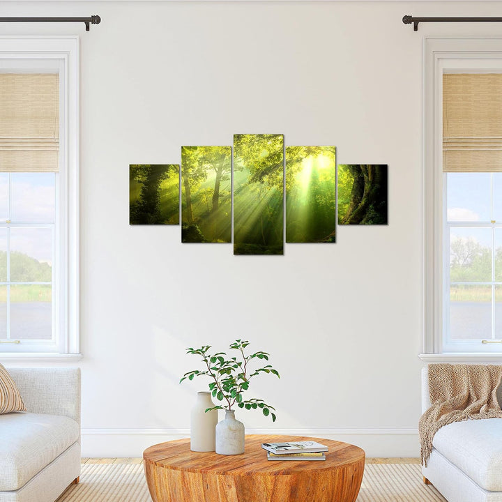 Runa Art Bild Schlafzimmer Wohnzimmer Wald Landschaft 5 Teilig Sonne Grün Wandbilder auf Vlies Leinw