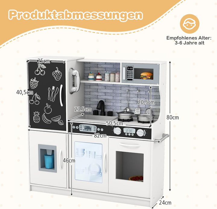 COSTWAY Kinderküche inkl. Zubehör, Spielküche Holz mit Tafel & Mikrowelle & Eismaschine, Spielzeugkü