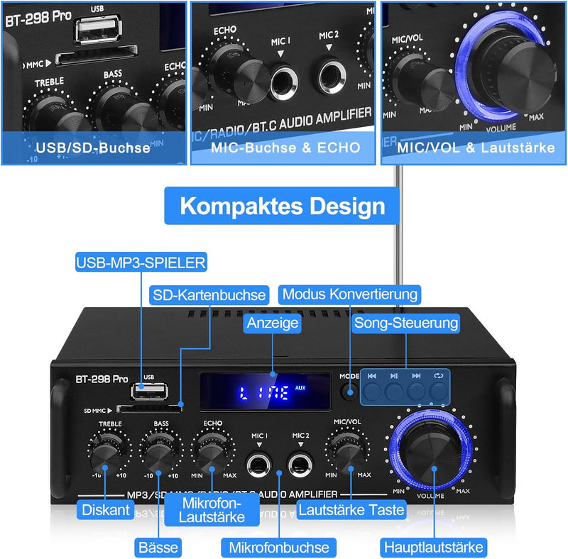 HiFi Stereo Verstärker BT-298Pro Bluetooth 5.0 Audio Leistungsverstärker Empfänger 2.0-Kanal 50W x 2