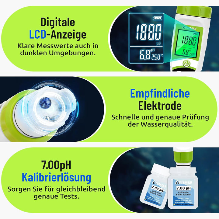 UIUZMAR Pool pH Messgerät Wasser, pH EC Messgerät Grow, Digitales pH EC PPM Temperaturtester mit pH7