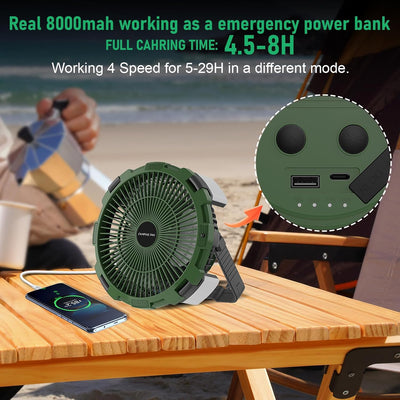 Qoosea Camping Ventilator 3 IN 1 8000mAh Campingventilator Leise mit LED Licht für Zelt USB Tischven