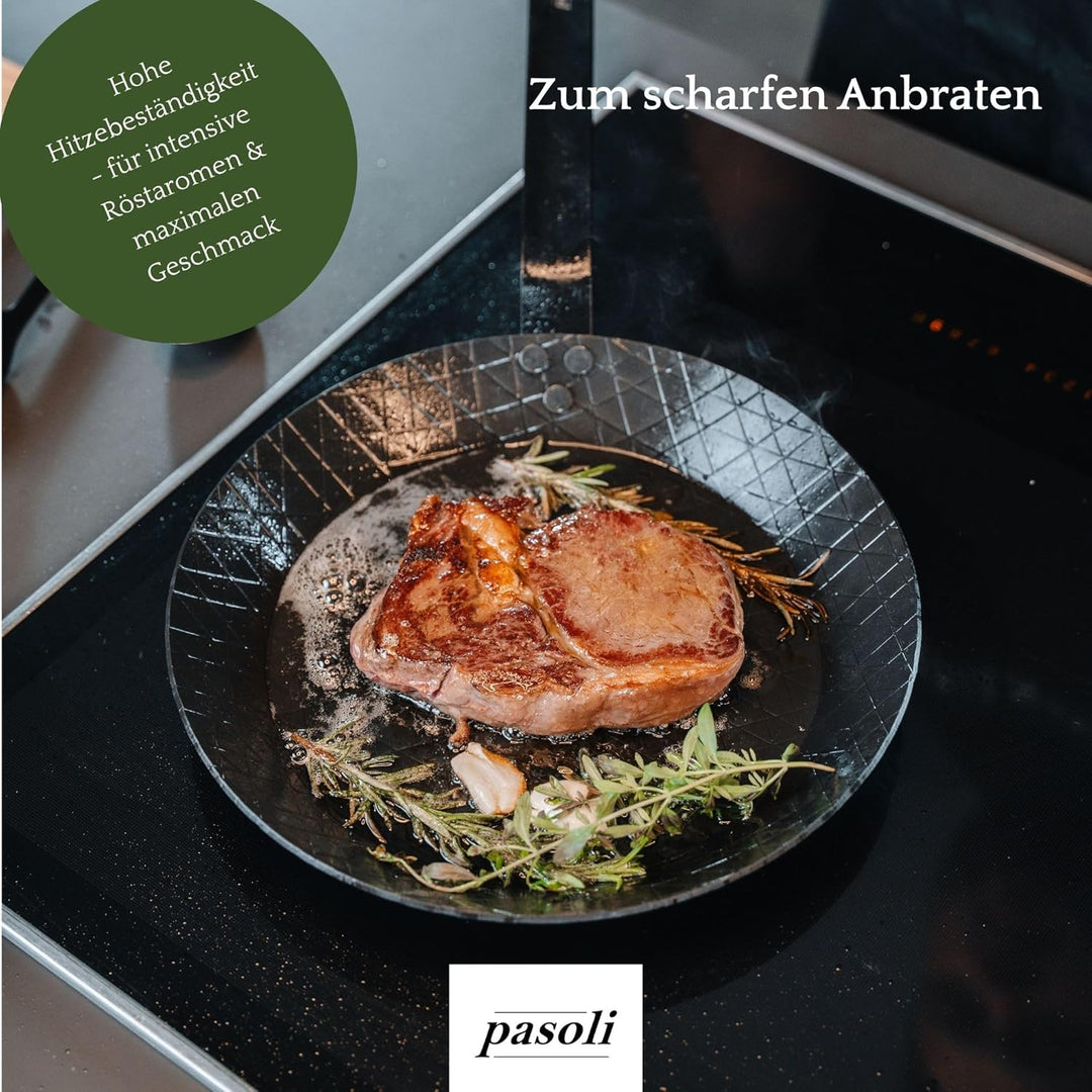 pasoli Steak-Pfanne aus Carbonstahl, voreingebrannt (mit Griffschutz) Steak-Pfanne mit Griffschutz,
