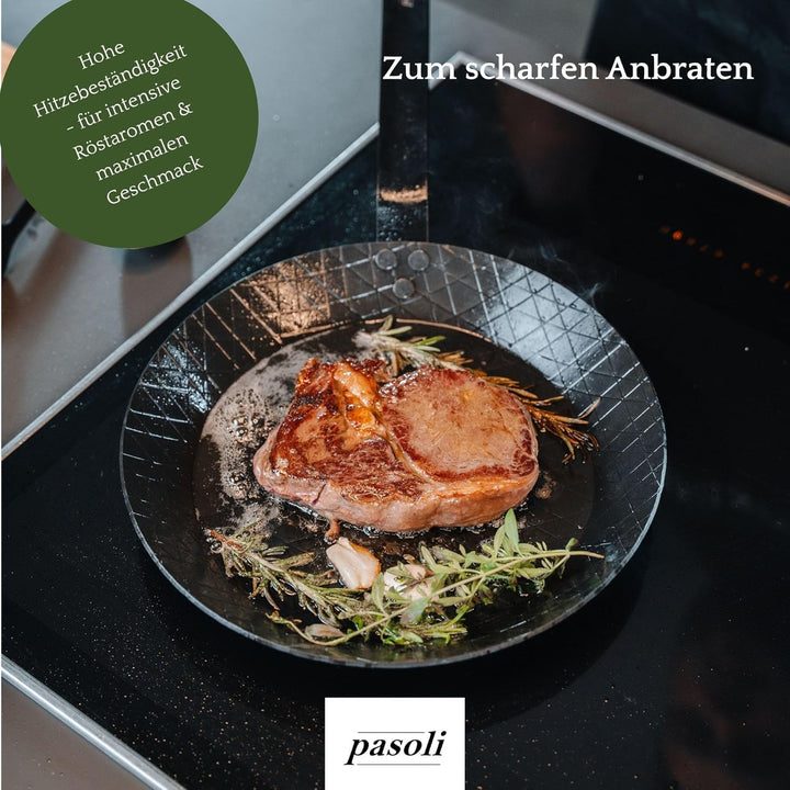 pasoli Steak-Pfanne aus Carbonstahl, voreingebrannt (mit Griffschutz) Steak-Pfanne mit Griffschutz,