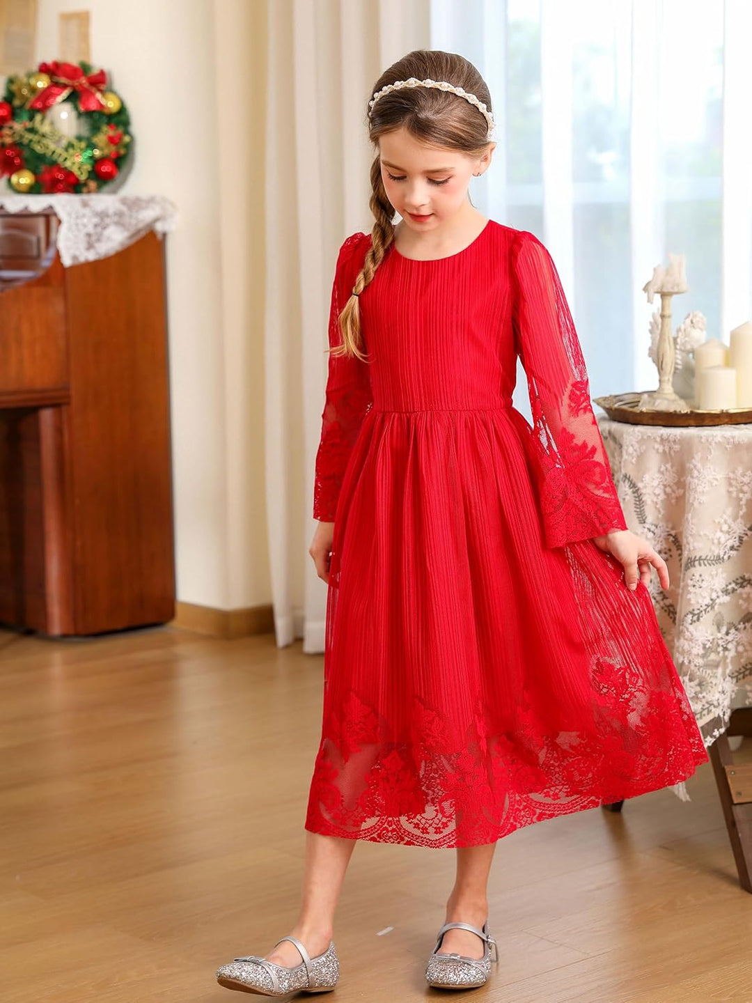 BONNY BILLY Mädchen Kleider Vintage Spitze Tüll Festlich Hochzeit Lang Abendkleid Ballkleid Partykle