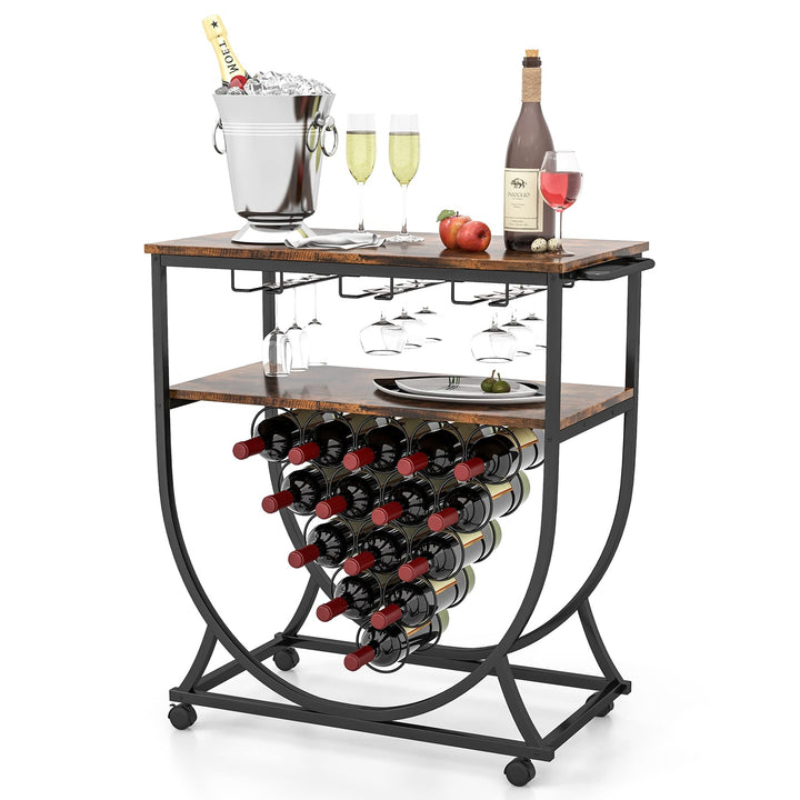 KOMFOTTEU Weinregal mit Rollen, Weinwagen mit 2 Ablagen, Flaschenregal für Flaschen &amp; Glas, Barwagen