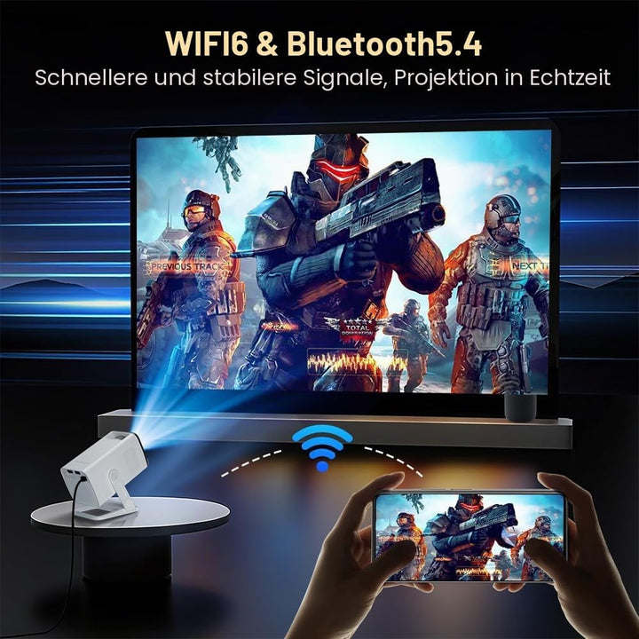 4K 1080P unterstützt Mini Beamer mit Android 11 OS Klein Projektor mit WiFi 6 Bluetooth 5.4, 270° Dr