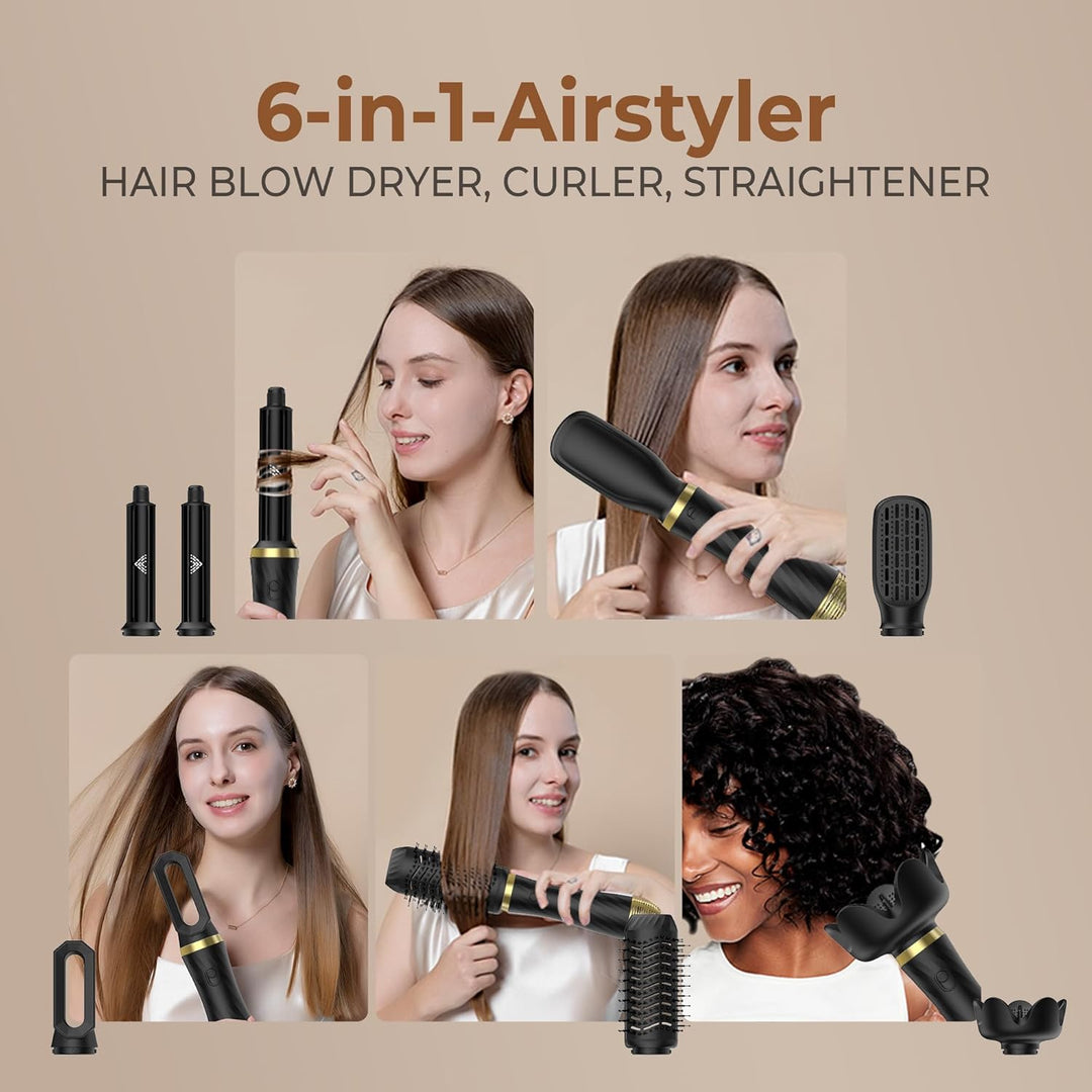 Haartrockner & Haarstyler 6 in 1, Airstyler Set mit Luft Lockenstab Automatisch, Rundbürstenföhn, Th
