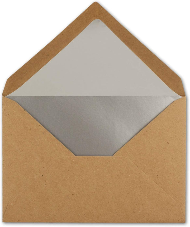 300x - Brief-Umschläge B6 mit Silber Innenfutter - 12,5 x 17,6 cm - Kraft-Papier braun Recycling Nas