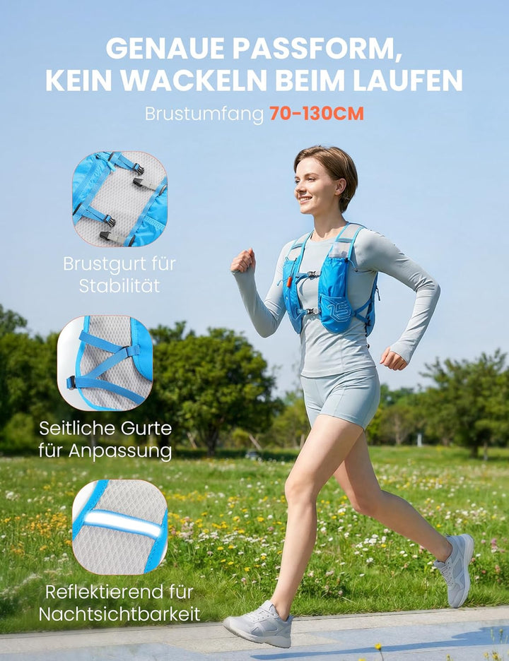 SKYSPER Laufweste für Damen Herren 12L Laufrucksack mit 500ml Trinkflasche Reflektierende Trinkweste