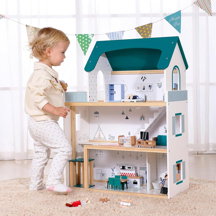 OOOK Puppenhaus Holz mit Hebbarer Aufzug, Puppenhaus Gross ab 3 Jahren Mädchen, Doll House for Girls