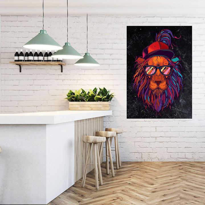 wandmotiv24 Poster als Wanddeko, Grösse Din A0, Funky Löwe, Marmor, bunt, Cap, Mütze, Brille, Nerd,