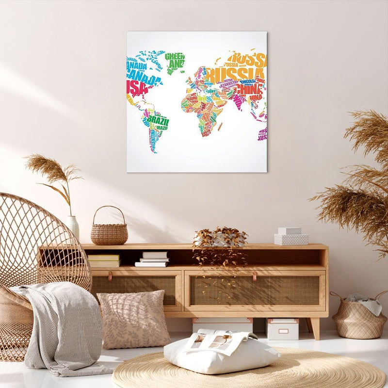 Bilder auf Leinwand 70x70cm Leinwandbild Karte Worte Welt Geographie Gross Wanddeko Bild Schlafzimme